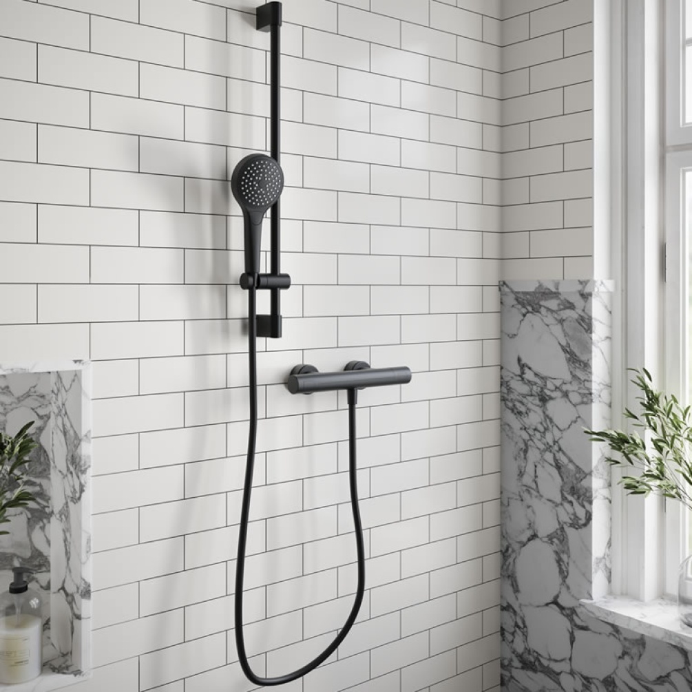 Lifestyle image of Villeroy & Boch Matt Black Thermostatic Round Exposed Shower Set